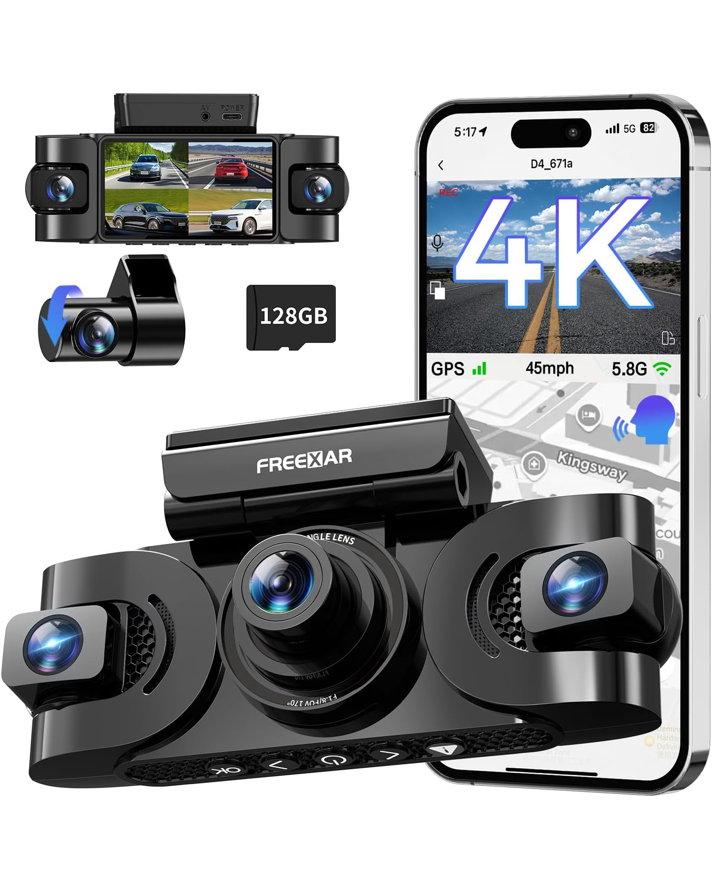 Freexar D4 | 4K 360° Dash Cam , Free 128GB Card