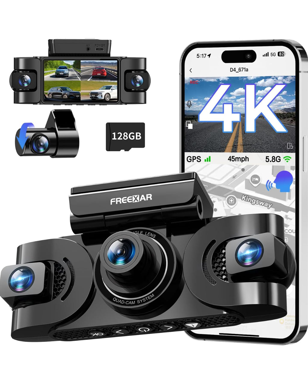 Freexar D4 | 4K 360° Dash Cam , Free 128GB Card
