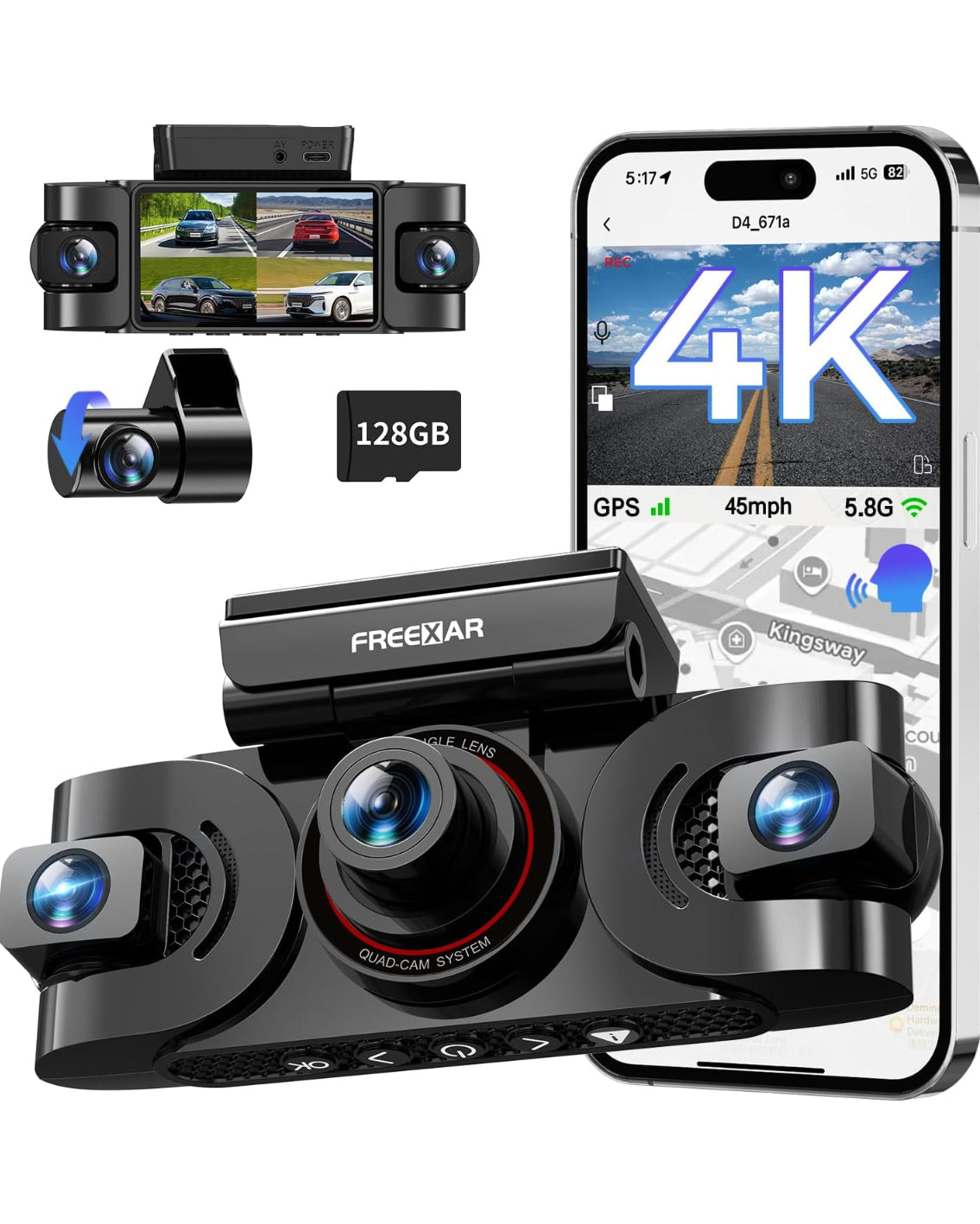 Freexar D4 | 4K 360° Dash Cam , Free 128GB Card
