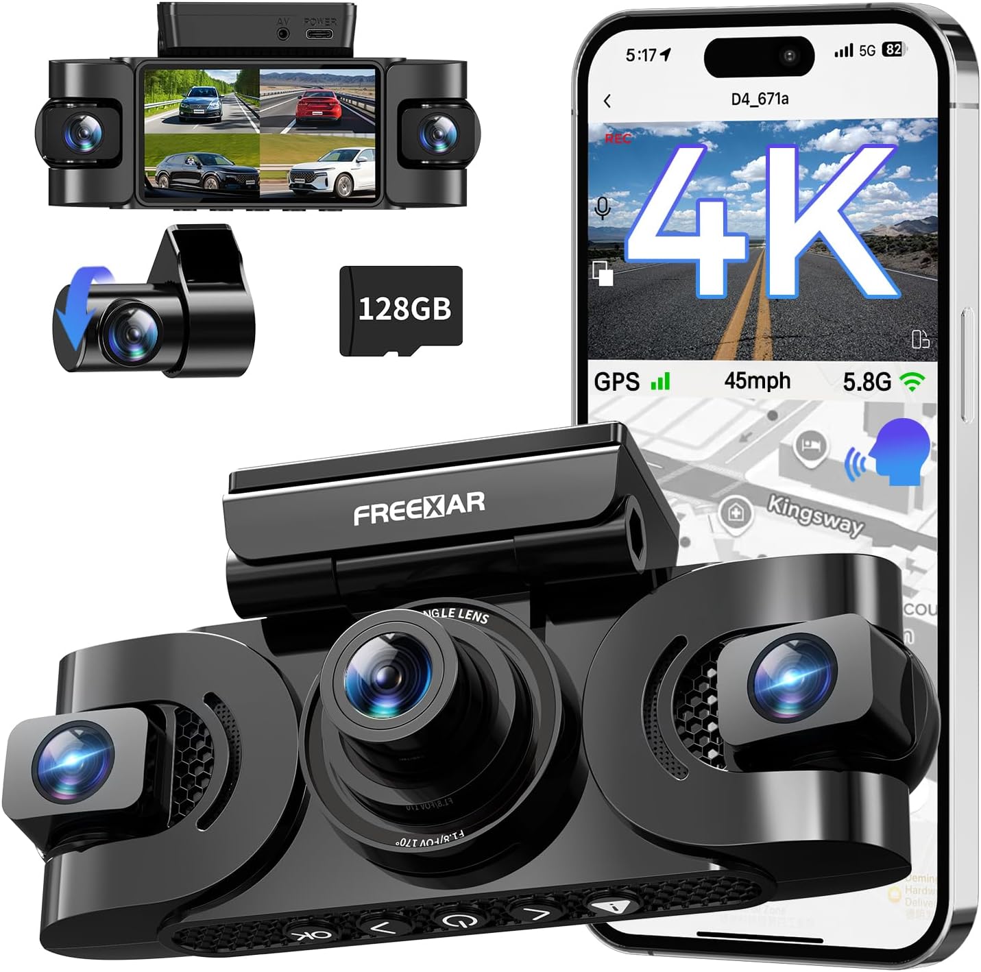 Freexar D4 | 4K 360° Dash Cam , Free 128GB Card