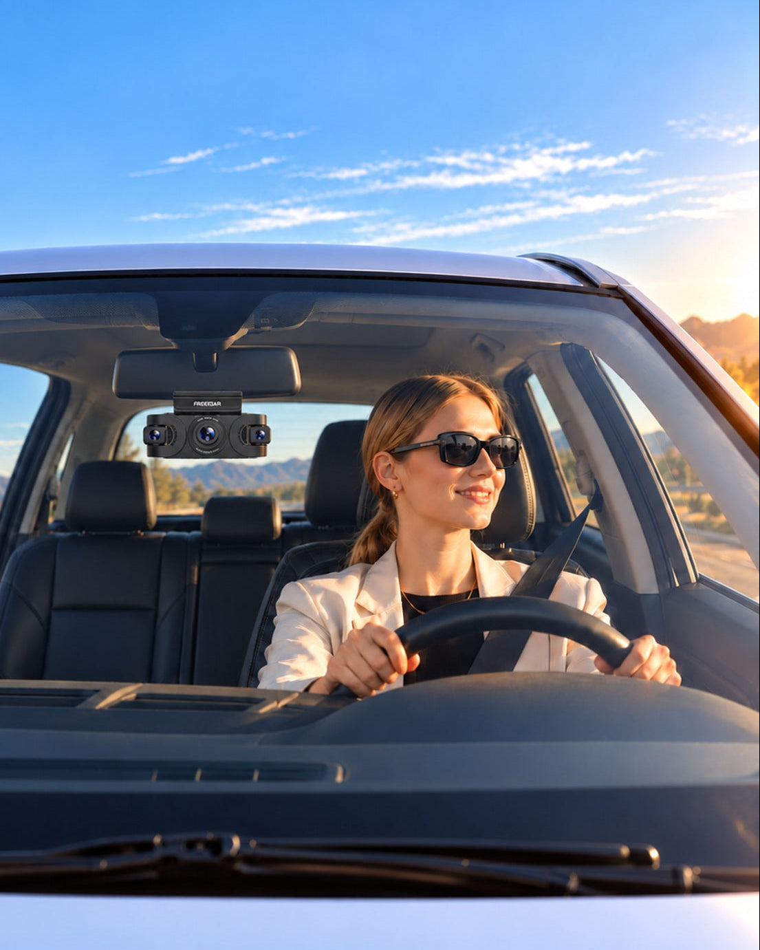 Driver with both hands on the wheel, a FREEXAR D4 mounted on the windshield