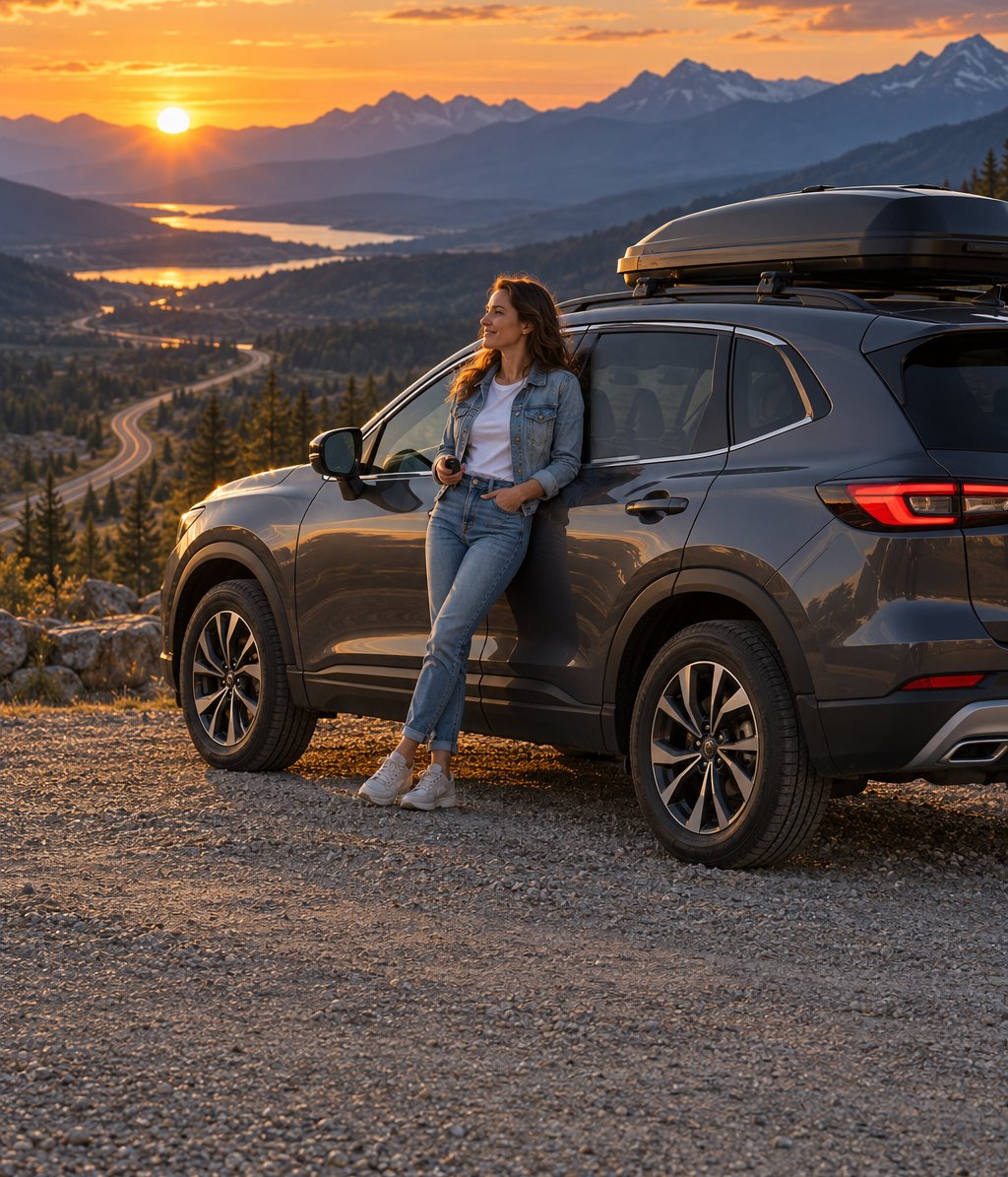 Driver holding her car keys and leaning against her SUV at a mountain overlook, looking out over a winding highway at sunset