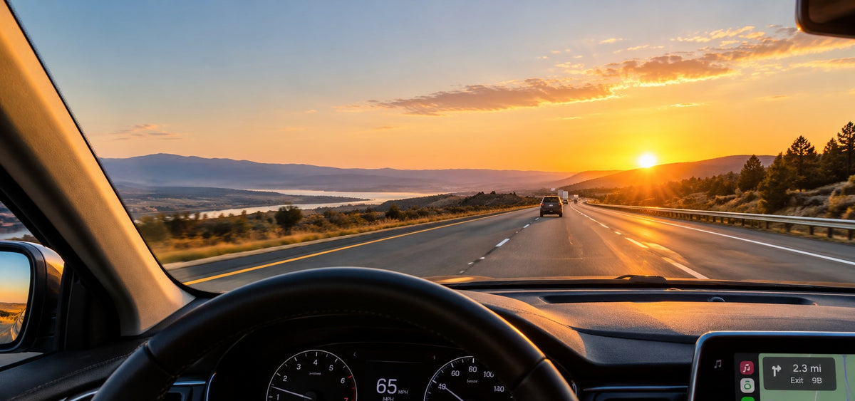Driver’s view of an open highway at sunset through the windshield