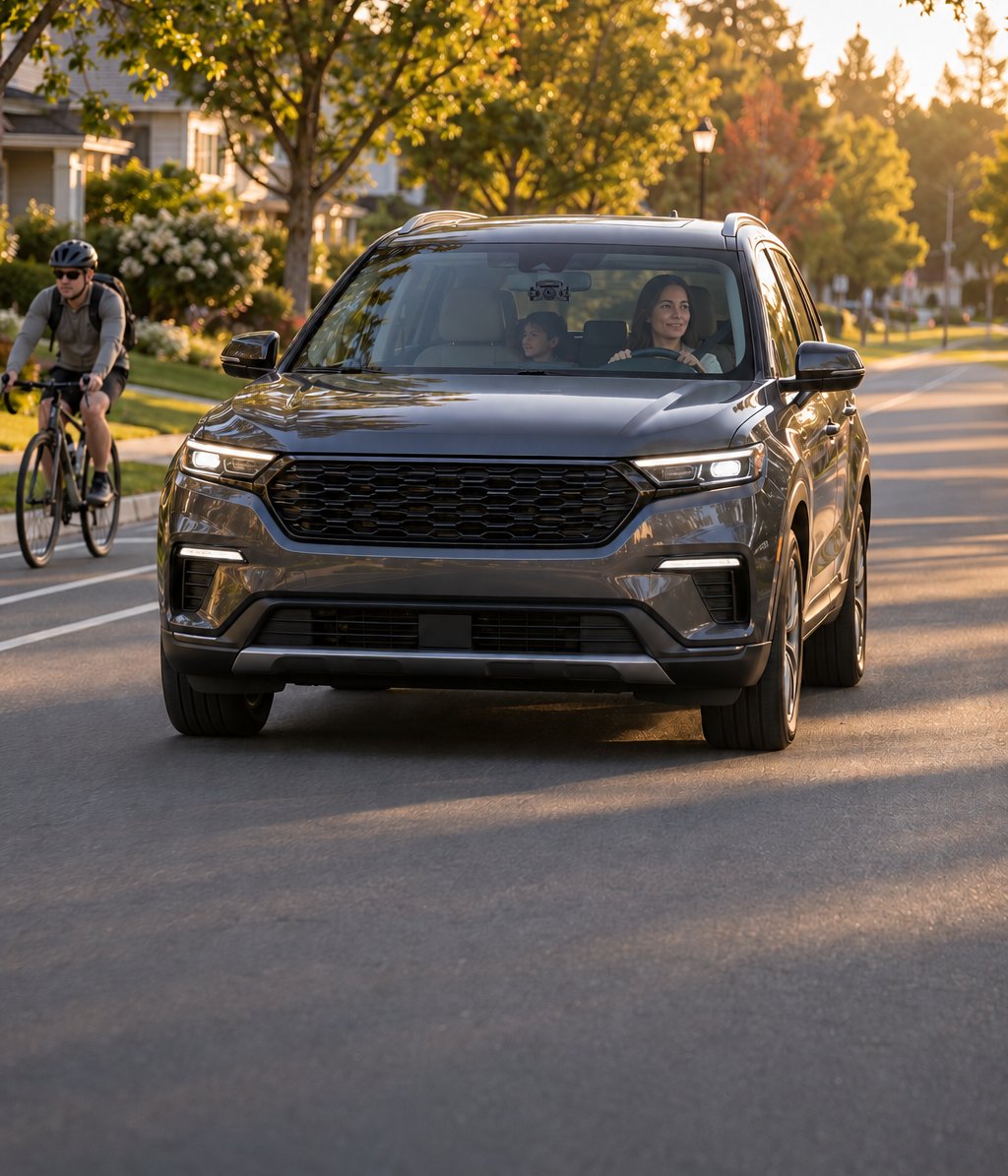 Family SUV with a FREEXAR D4 dash cam on the windshield driving down a sunny suburban street, sharing the road with a cyclist